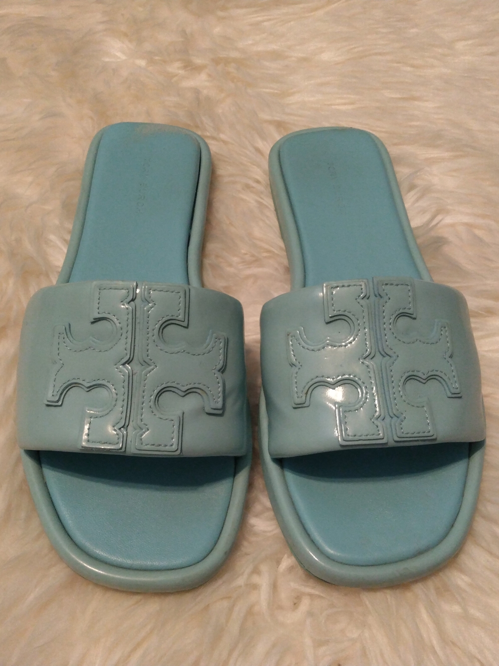 Tory Burch Women’s Blue Double T Sport Slide Sandals Leather Slip-On US 7.5